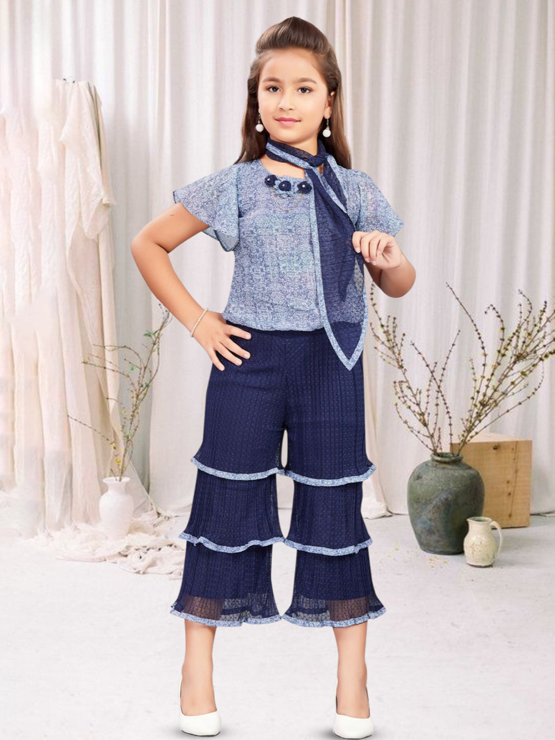 Lei-Chie Girls Printed Top With Net Trouser And Stole