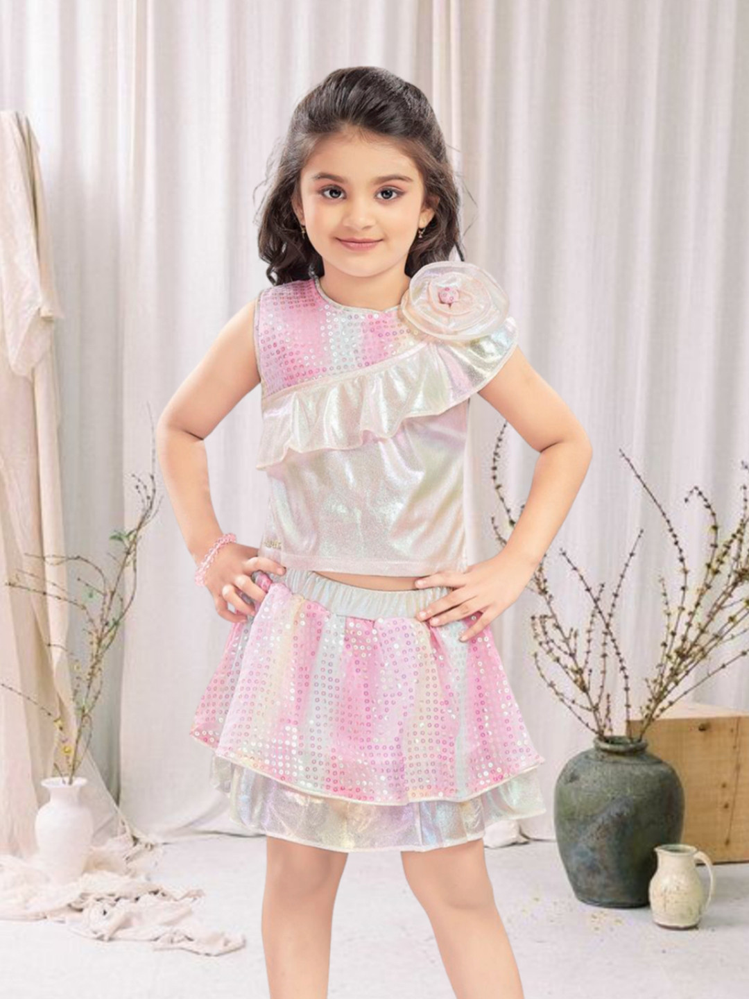 Lei-Chie Girls Embellished Sleeveless Top With Skirt