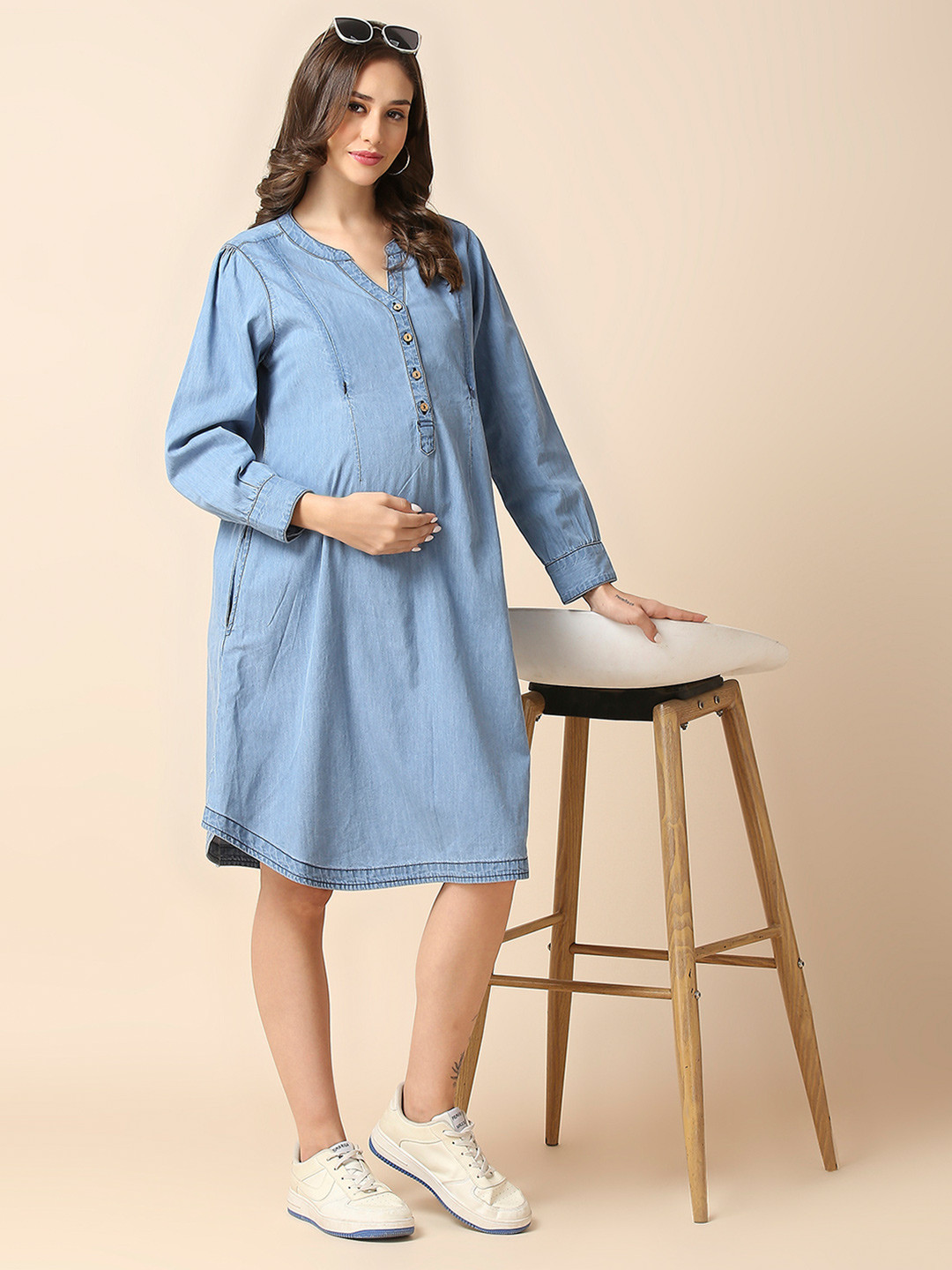 MomToBe Cuffed Sleeve The Work Maternity Denim Dress