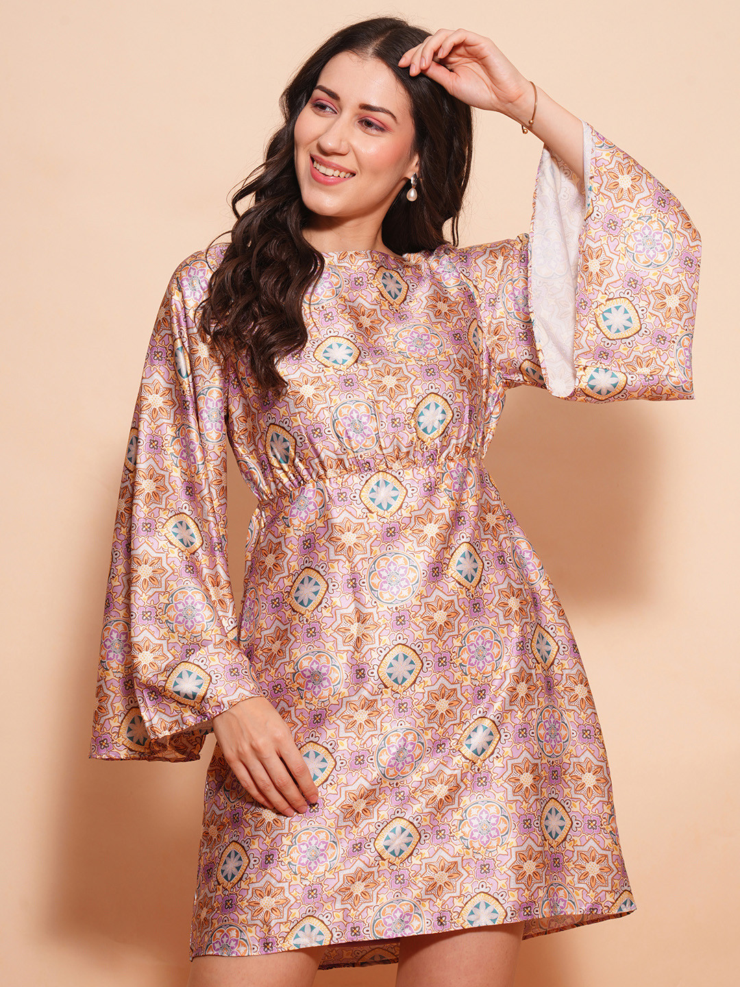 Globus Printed Flared Sleeve Satin Sheath Mini Dress