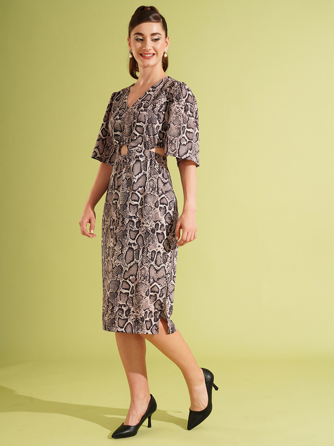 Globus Animal Printed Flared Sleeve Cut-Out Detail A-Line Dress