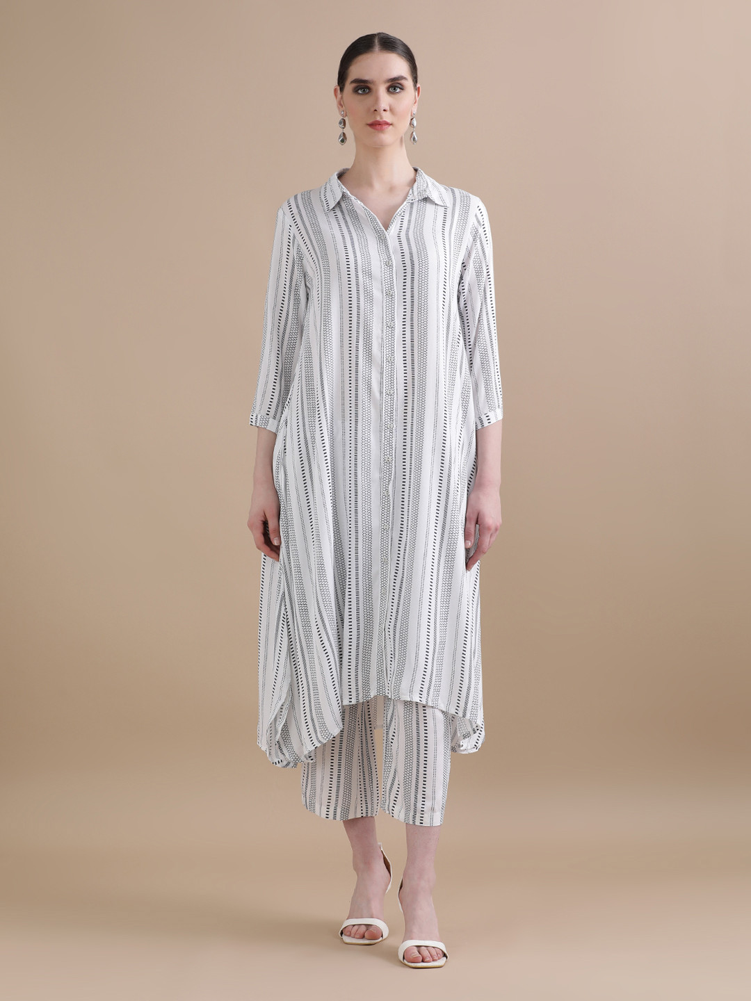 BLACK & BLAH BLAH Relaxed Fit Stripes Printed Flared Liva Kurta and Trouser (Set of 2)