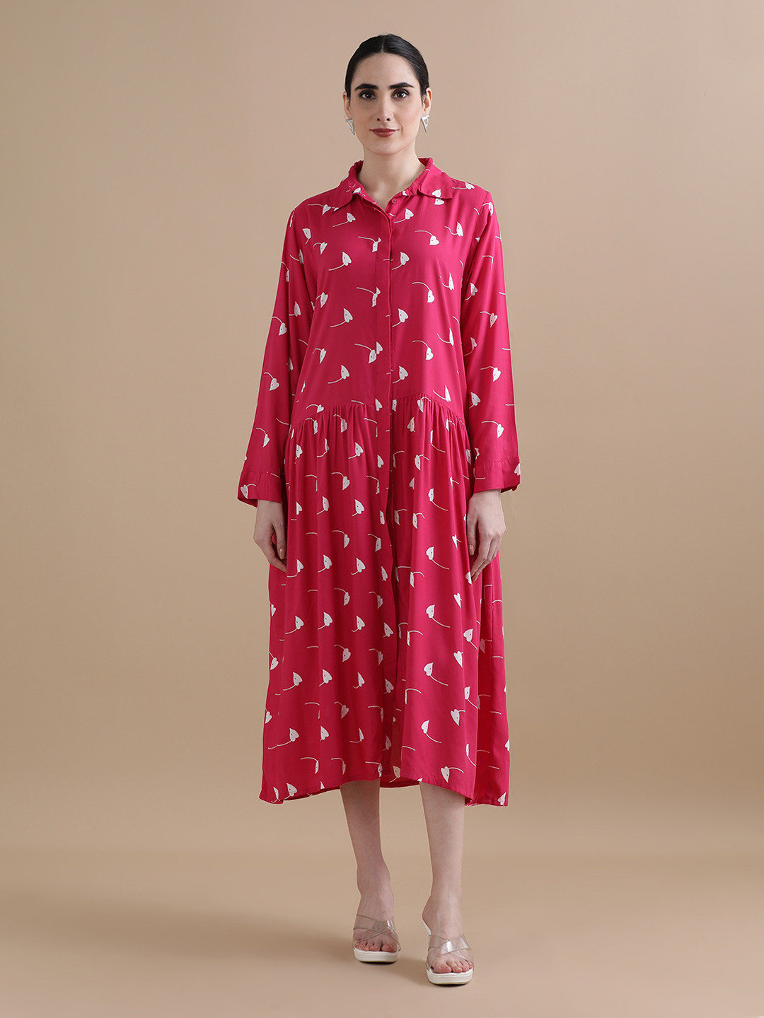 BLACK & BLAH BLAH Relaxed Fit Trendy Printed Front Slit Liva Midi Dress