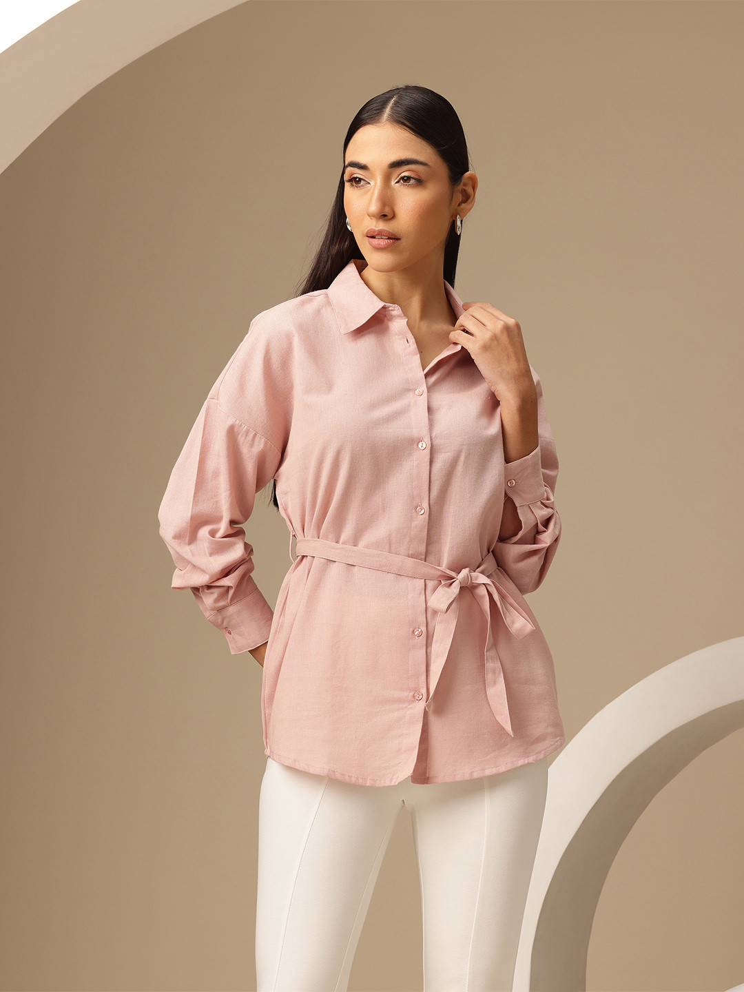 Chemistry Cotton Linen Solid Shirt with Tie-up Belt