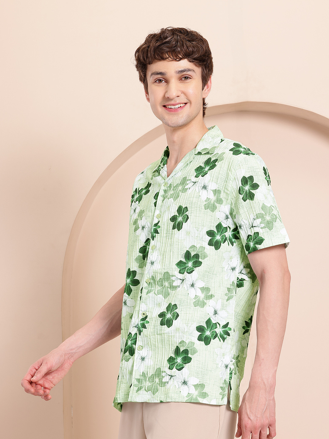 Mast & Harbour Floral Printed Cuban Collar Shirt with Striped Detail