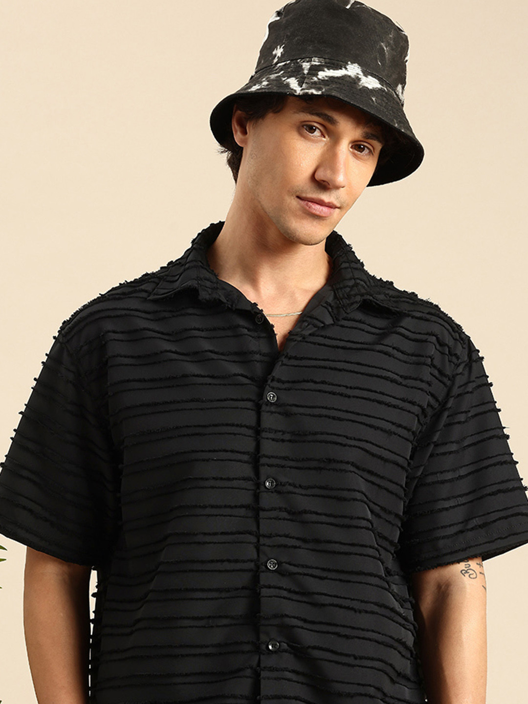 Mast & Harbour Self Design Horizontal Stripes Opaque Relaxed Fit Casual Shirt