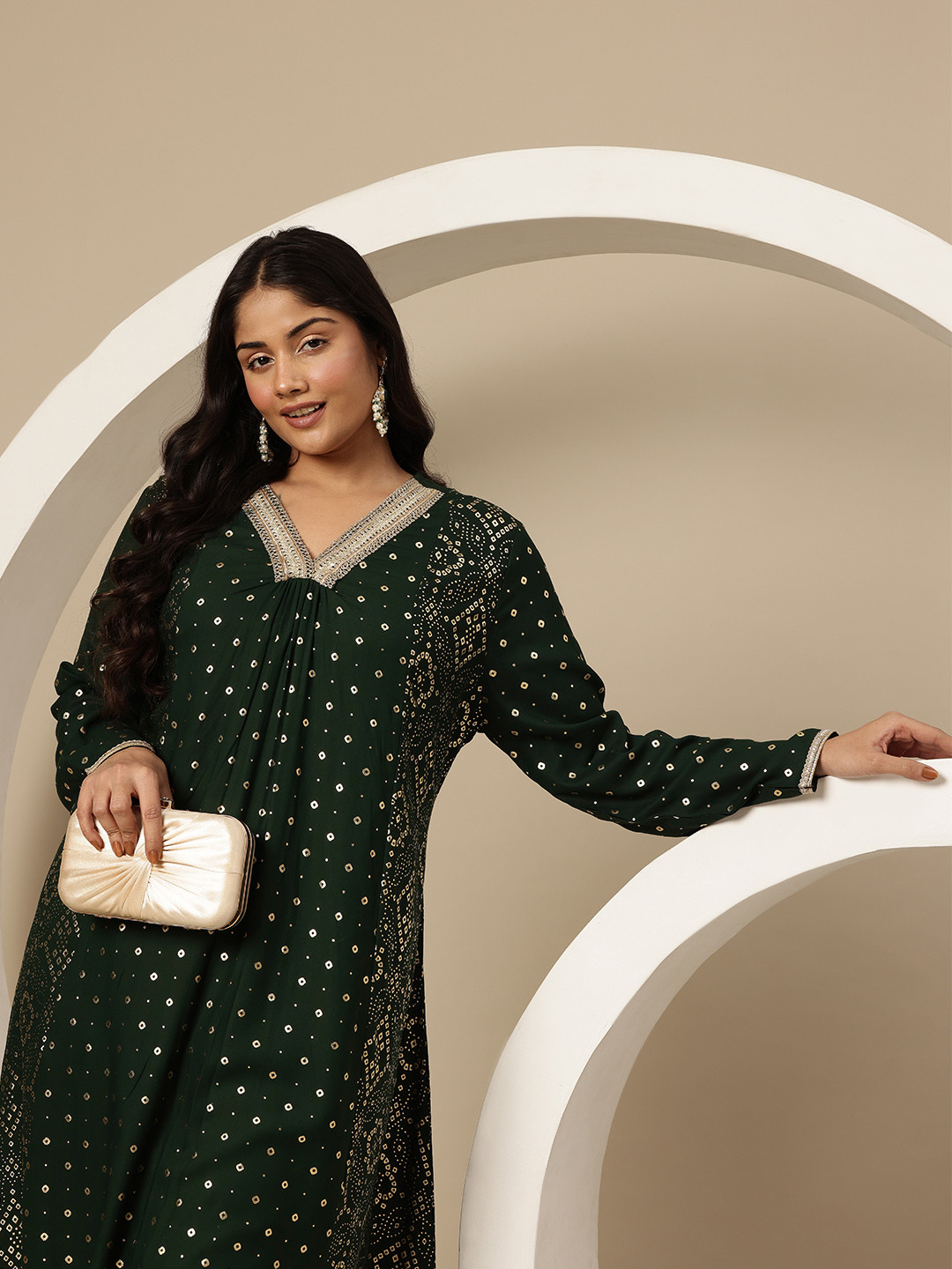 Sztori Plus Size Geometric Foil Print A-Line Kurta