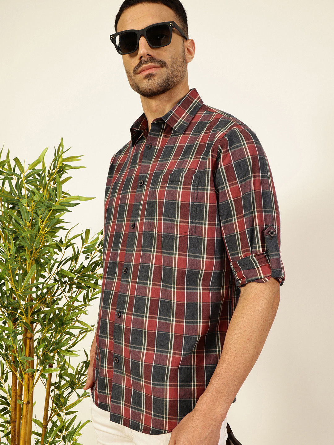 Thomas Scott Men Premium Spread Collar Shepherd Checked Cotton Casual Shirt