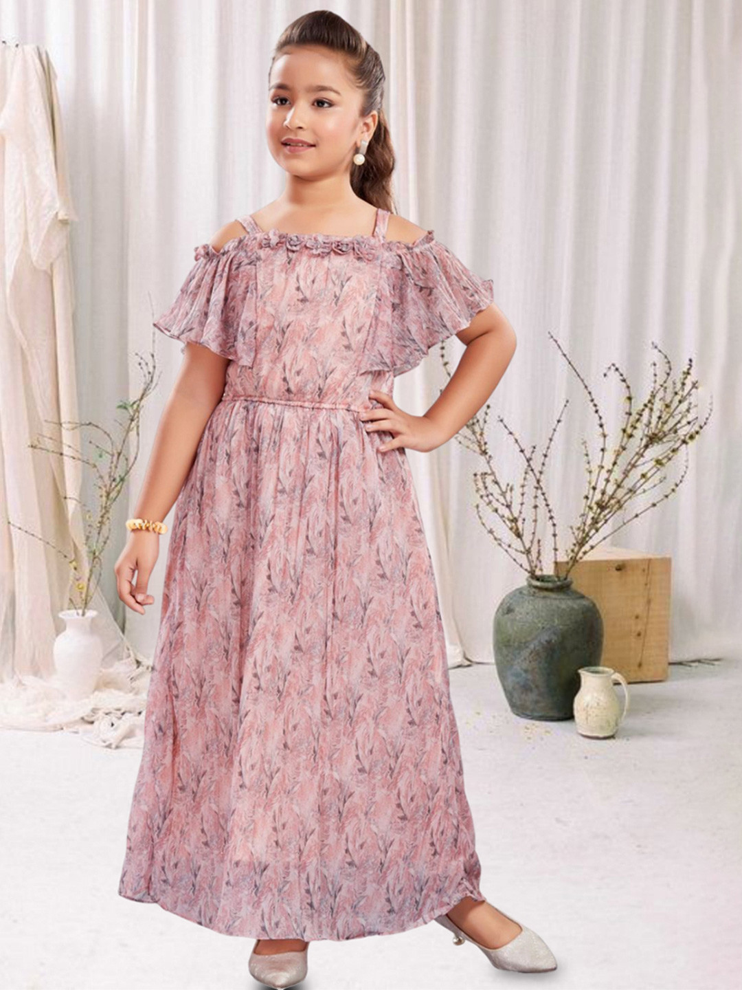 Lei-Chie Floral Print Off-Shoulder Cold-Shoulder Chiffon Fit & Flare Maxi Dress