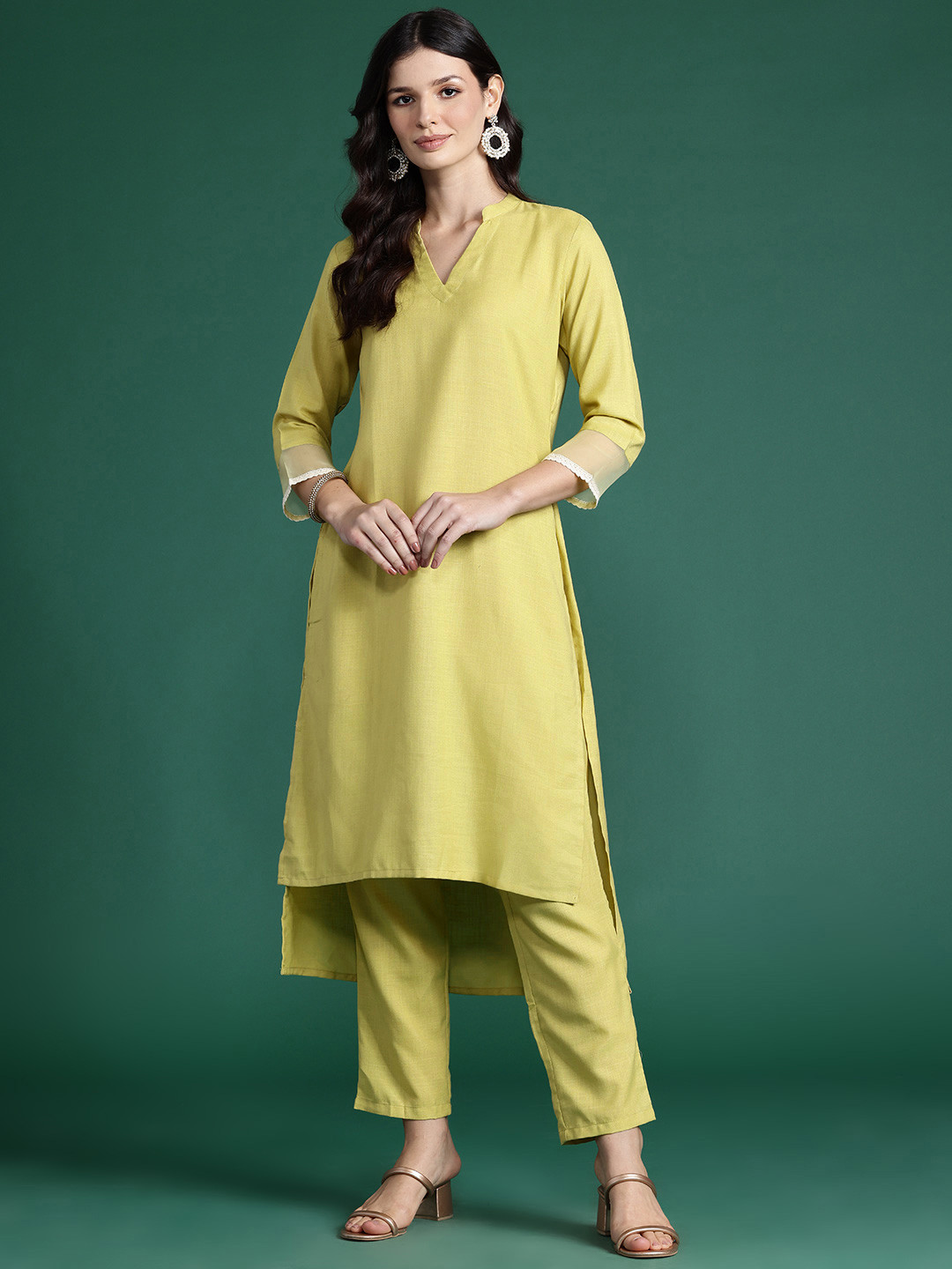 Indo Era Solid High Low Kurta with Trousers