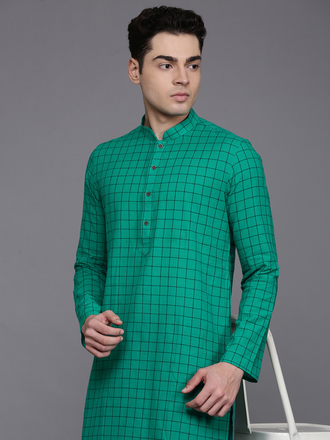 Manu Mandarin Collar Checked Regular Kurta