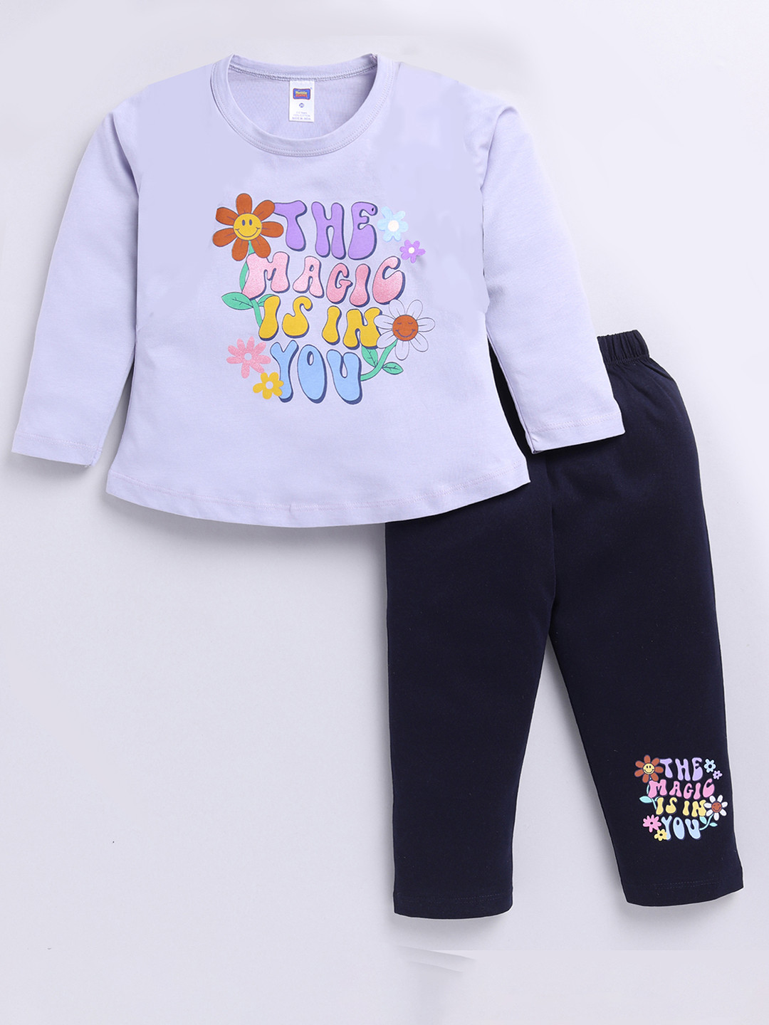 Nottie Planet Girls Flower Printed Pure Cotton T-shirt with Trousers