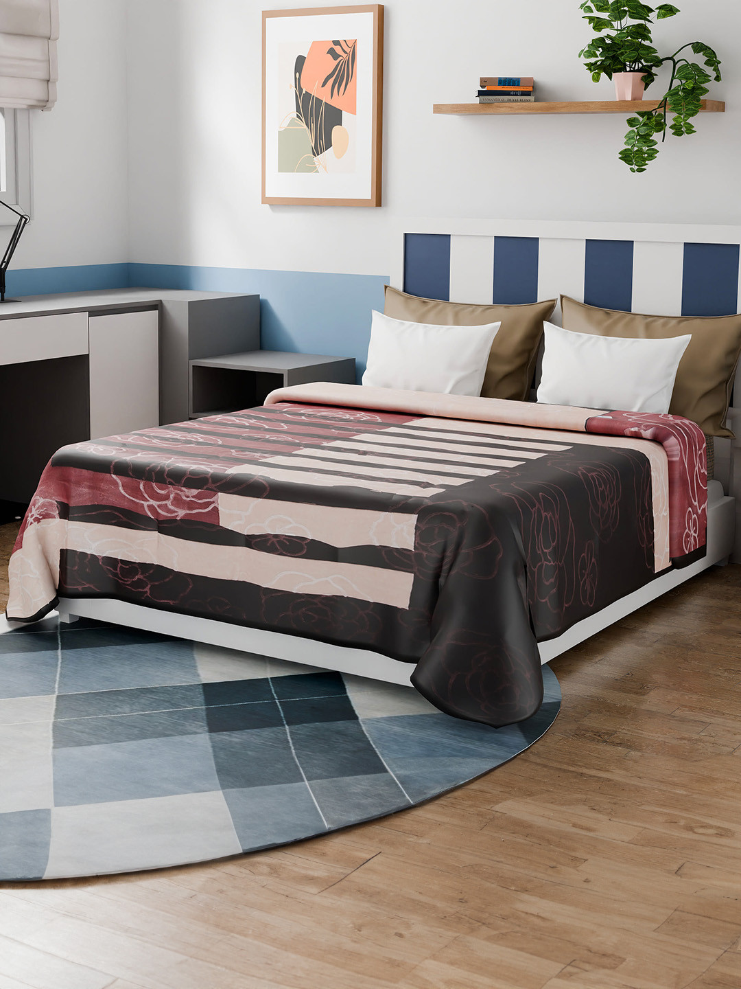 Nivasam swiss gold Maroon & White Floral Fur Heavy Winter Double Bed Blanket