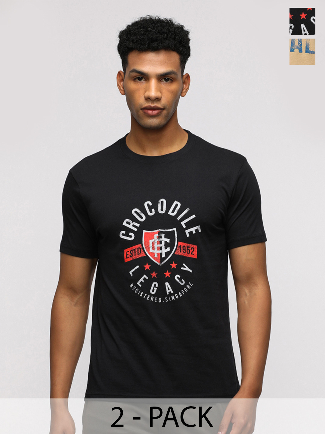 Crocodile Men Pack Of 2 Typography Printed Round Neck Cotton Slim Fit T-Shirts