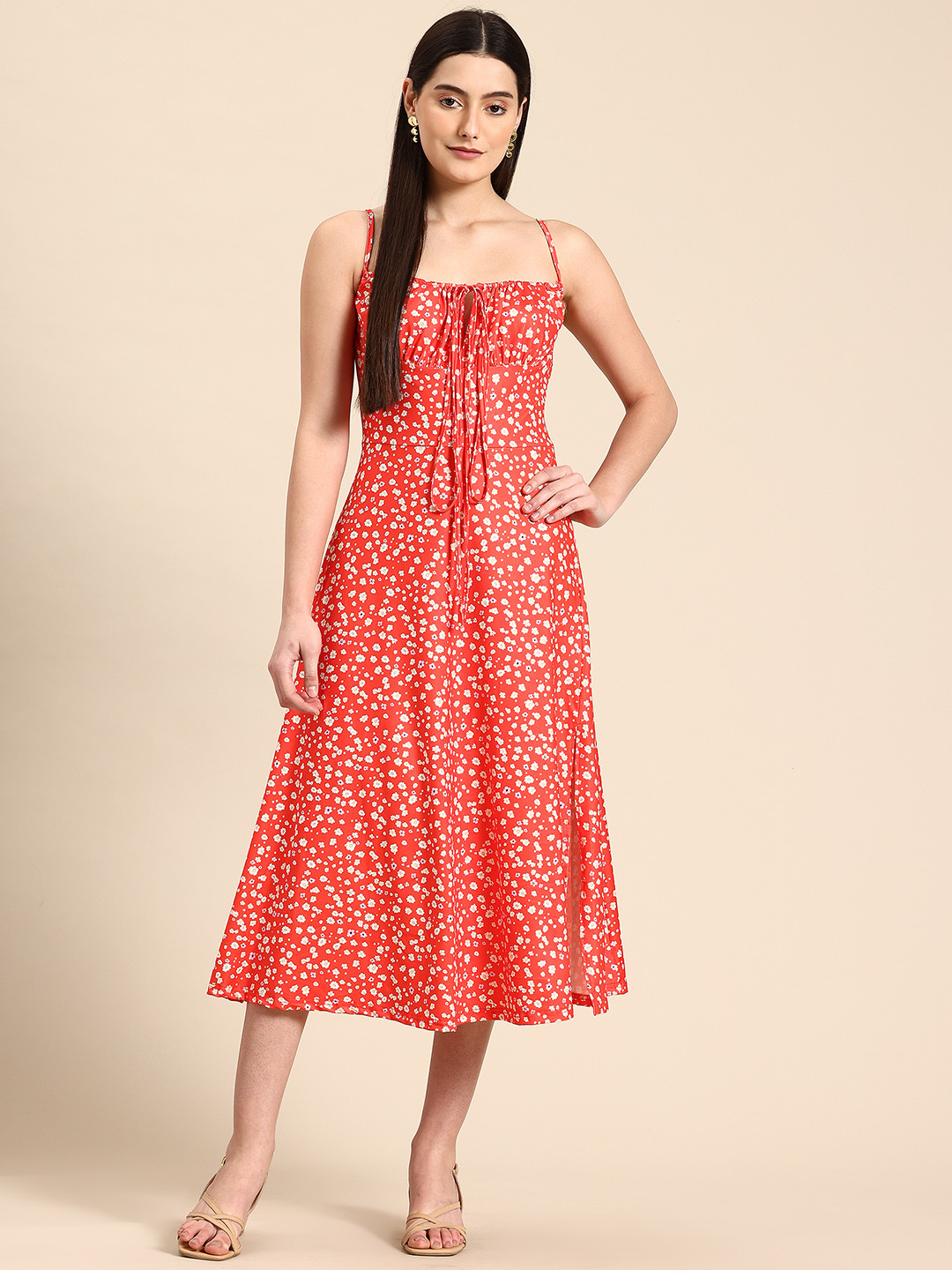 StyleCast Floral Print Tie-Up Neck Front Slit Empire Midi Dress