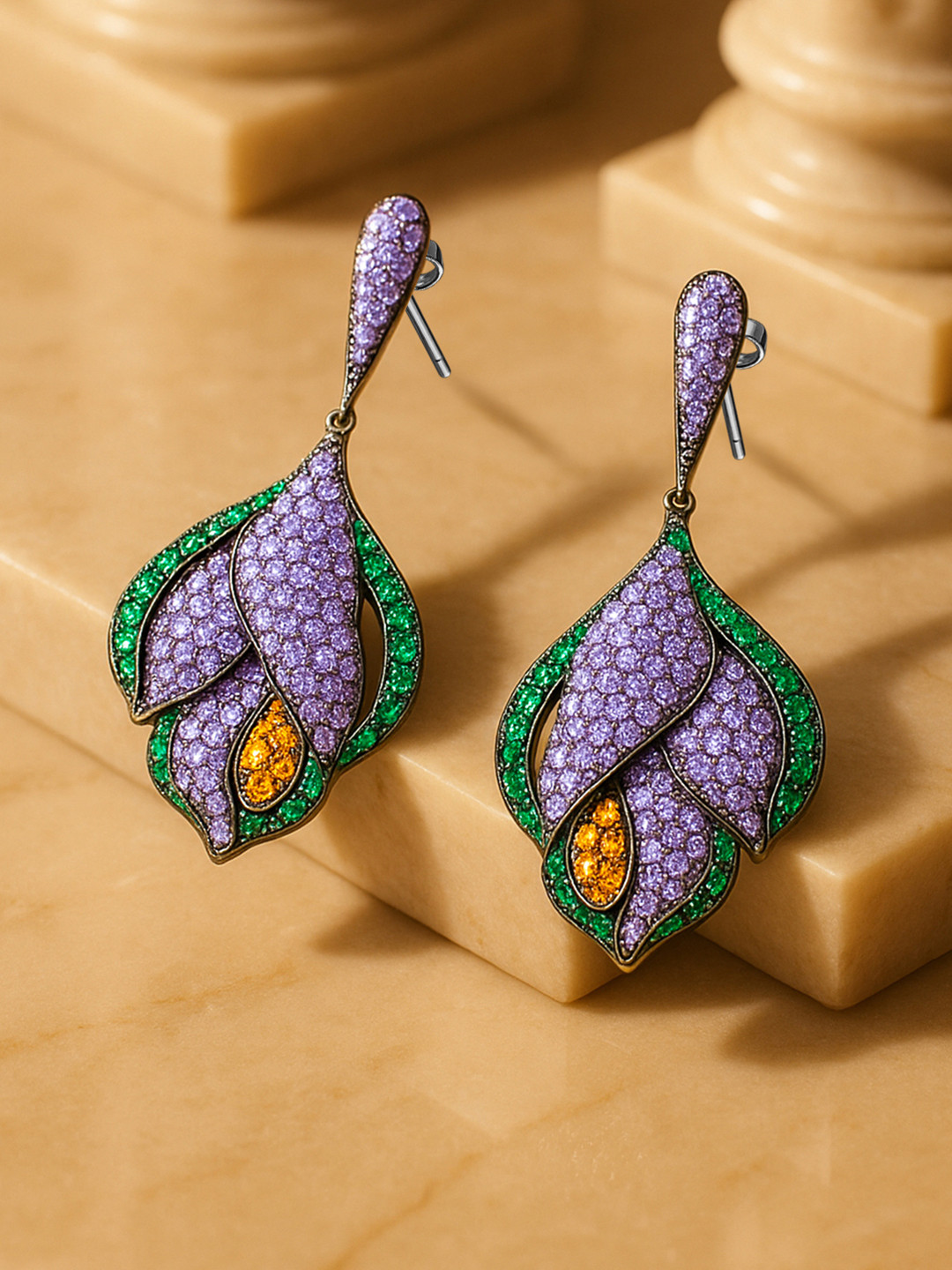 Rubans Rhodium-Plated Lavender Emerald & Orange AD & Cubic Zirconia Studded Drop Earrings