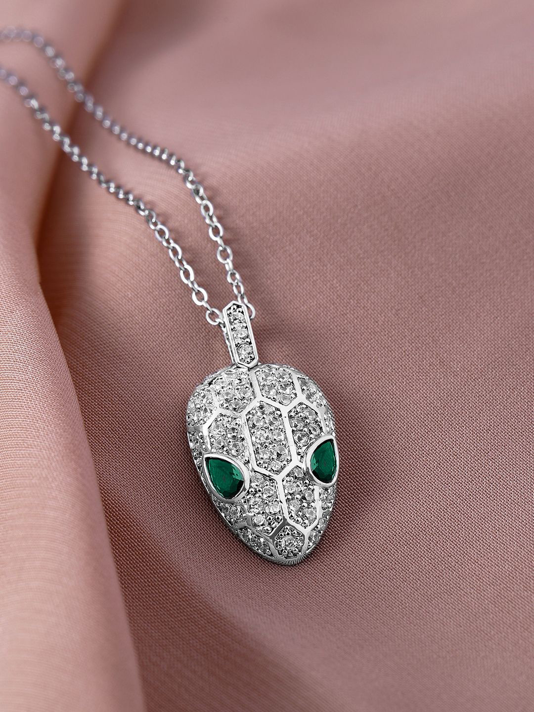 Rubans Rhodium Plated Emerald & CZ Tarnish-Free Waterproof Demi-Fine Pendant With Chain