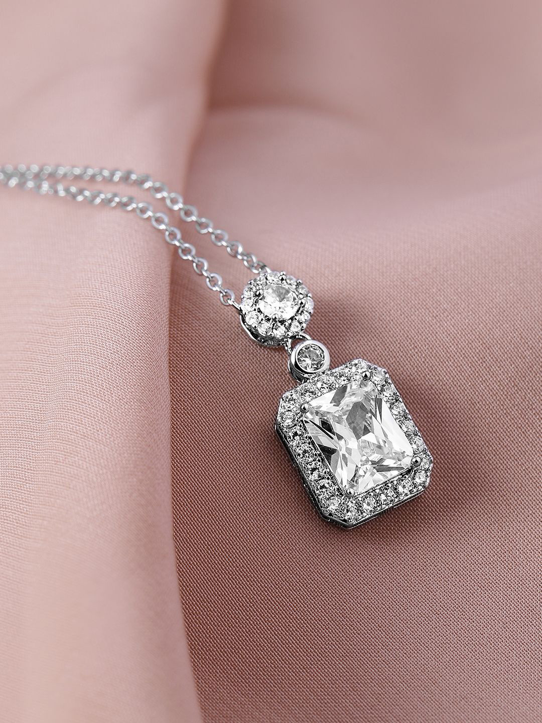 Rubans Rhodium Plated Sparkling AD & Cubic Zirconia Studded Rectangle Pendant Necklace