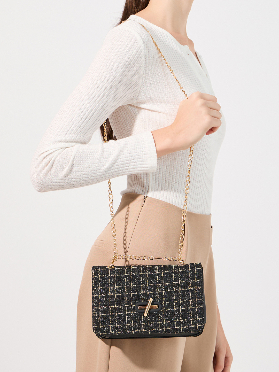 Styli Women Textured Tweed Shoulder Bag