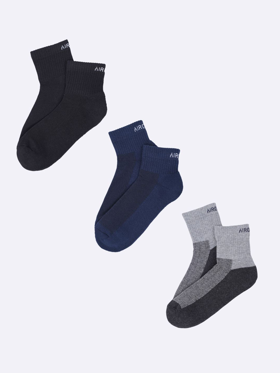 AIR GARB Pack of 3 Blue and Black and  Grey Breathable Cotton Above-Ankle Socks