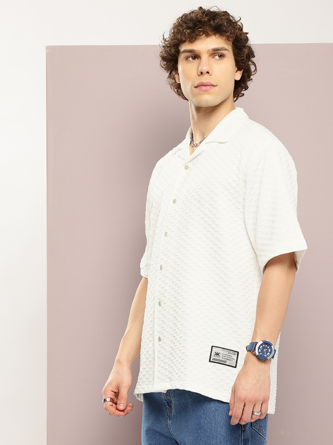 Kook N Keech Men Premium Popcorn Texture Cuban Collar Relaxed Fit Casual Shirt