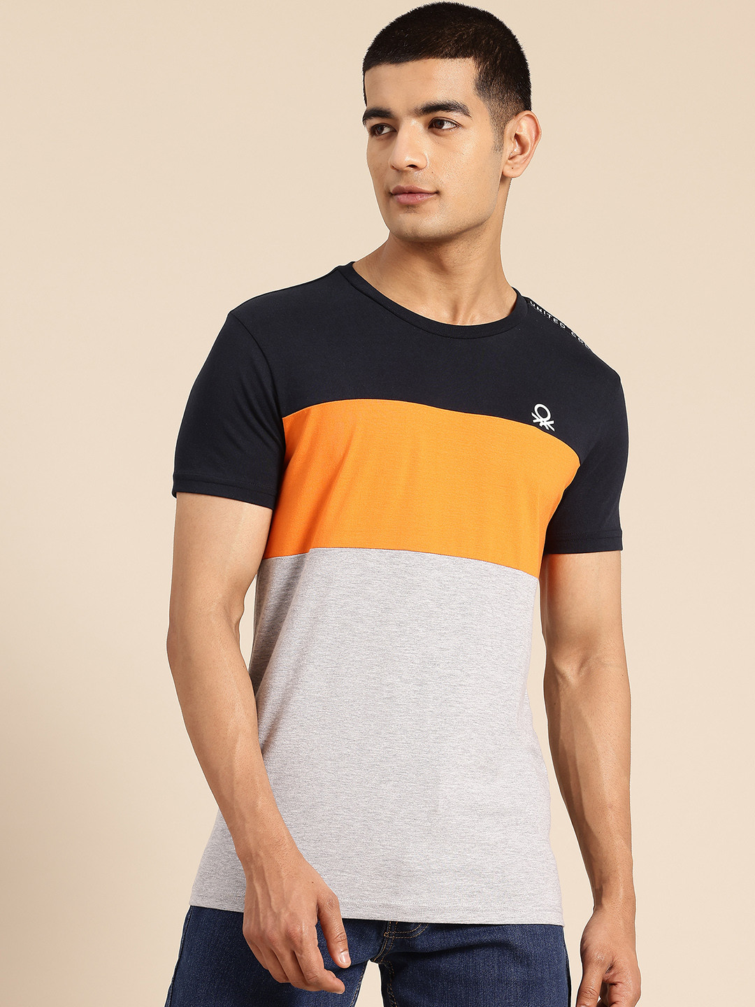 United Colors of Benetton Colourblocked Regular Fit T-shirt with Brand Logo Taping