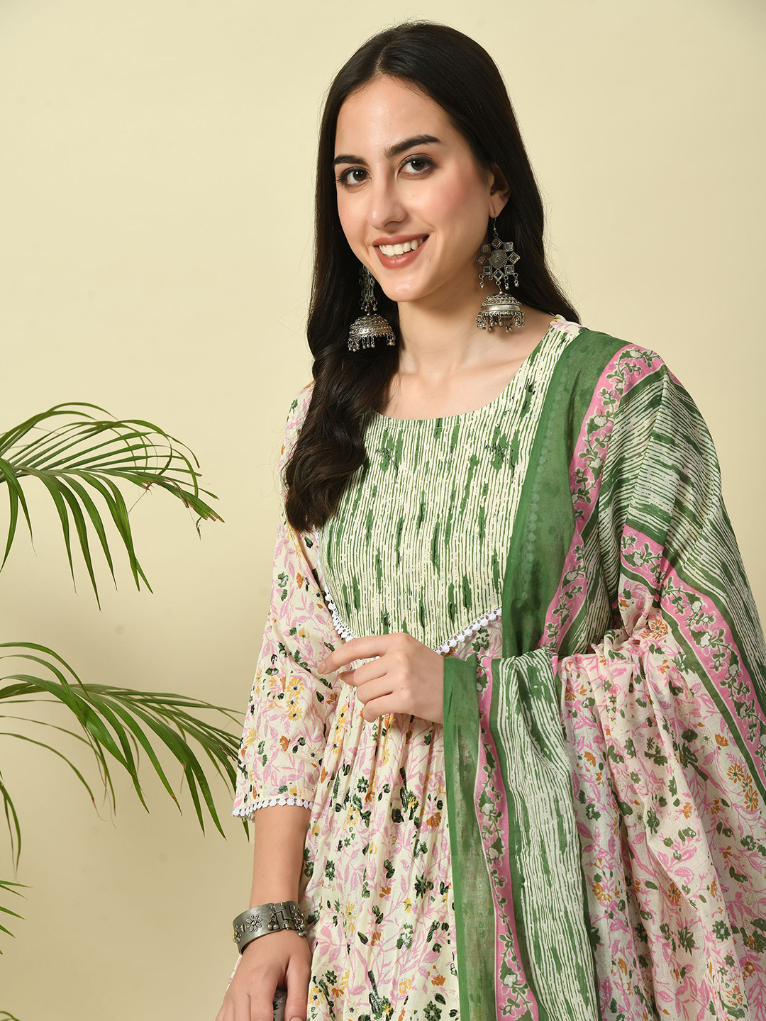 JAYLEEN Biege Floral Printed Round Neck Flared Anarkali Kurta With Trousers & Dupatta
