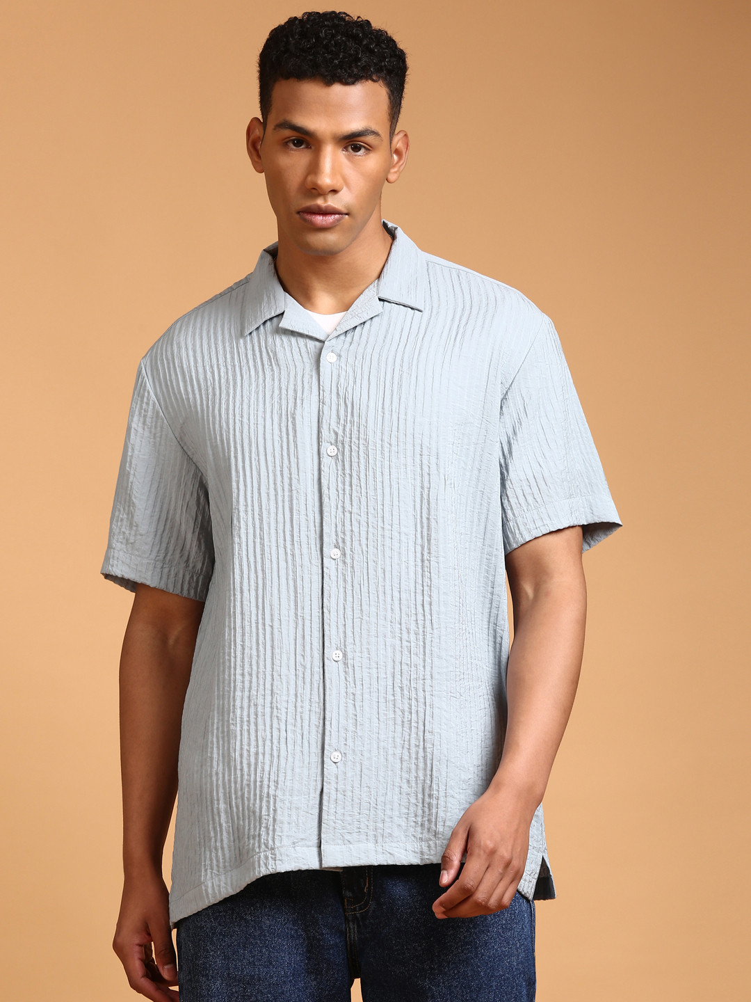 LSD Relaxed Fit Self Striped Drop-Shoulder Sleeves Casual Shirt