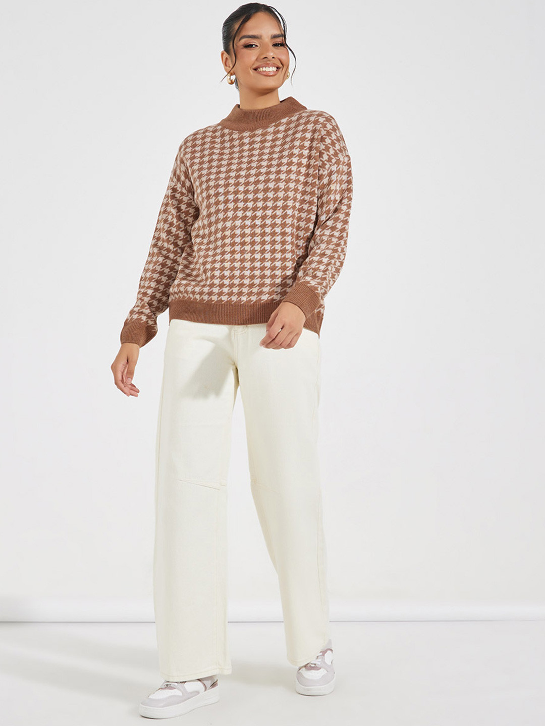 Styli Women Regular Length Oversized Fit Houndstooth Sweater