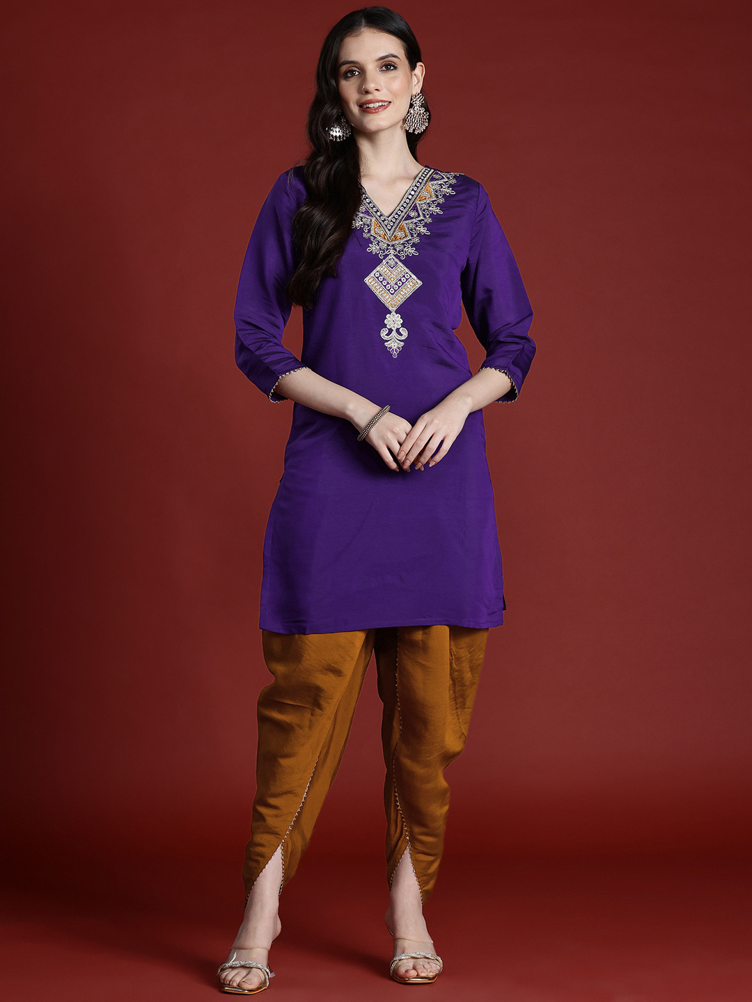 Tikhi Imli Contrast Embroidered Silk Tunic With Dhoti Co-ord Set