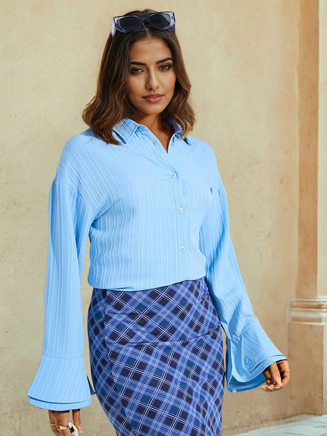 Styli Women Dropped Shoulder Textured Shirt with Bell Sleeves