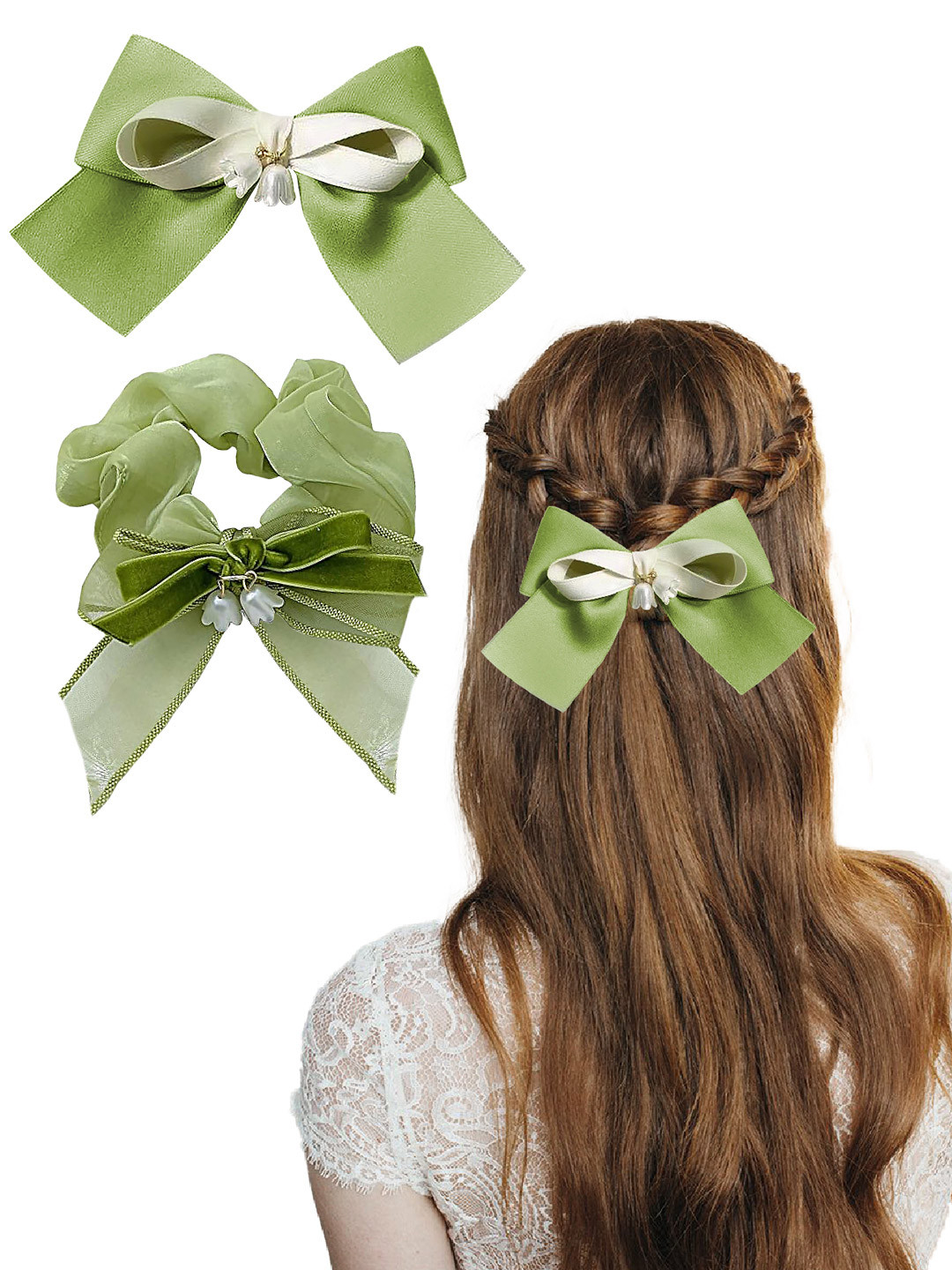 Majestique Set of 2 Green Satin Silk Layered Hair  Embellished Clip and Hair Scrunchies
