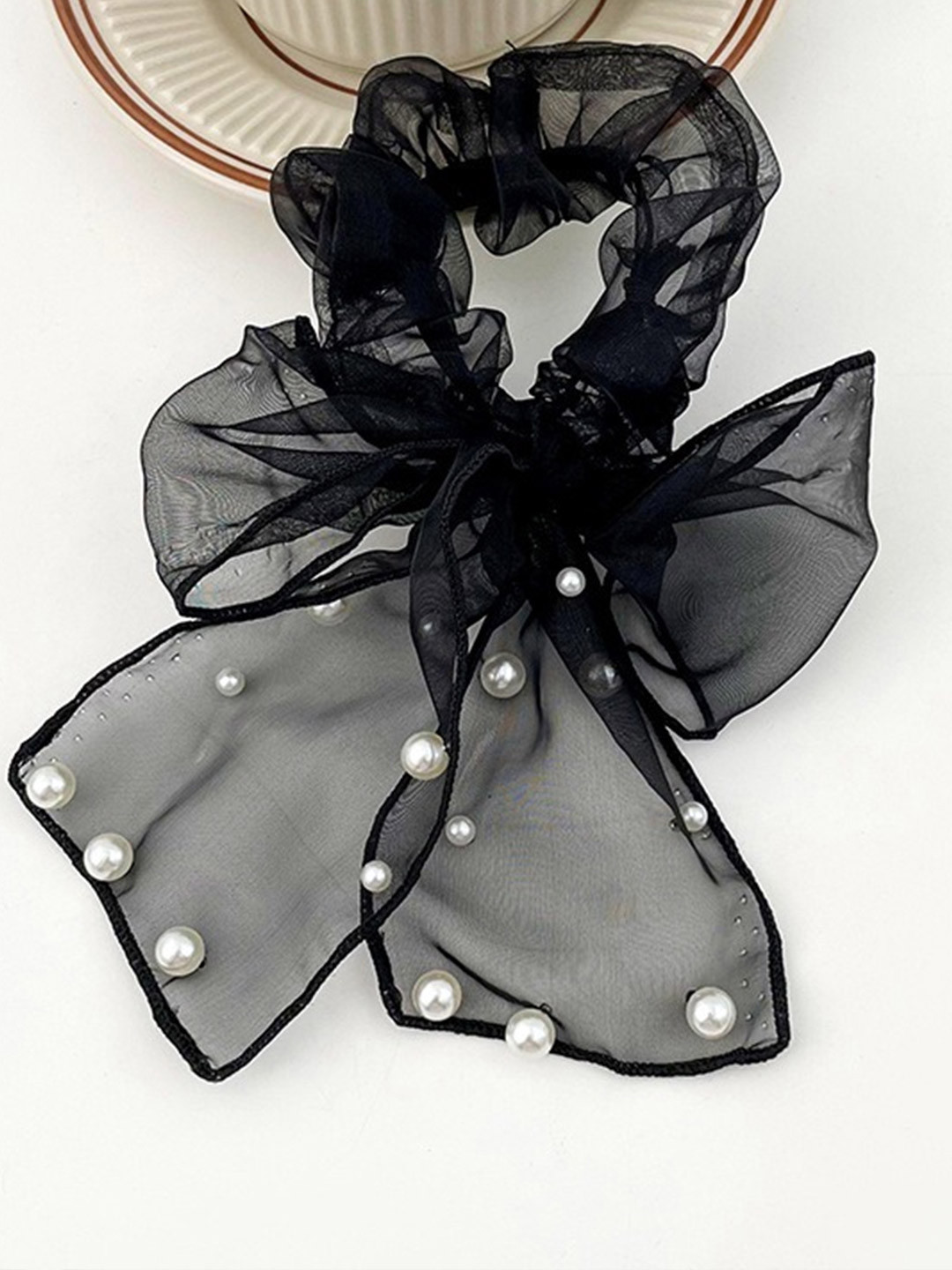 Majestique Set of 1 Black Pearl  Scrunchies Net Ponytail Holder Rubber band