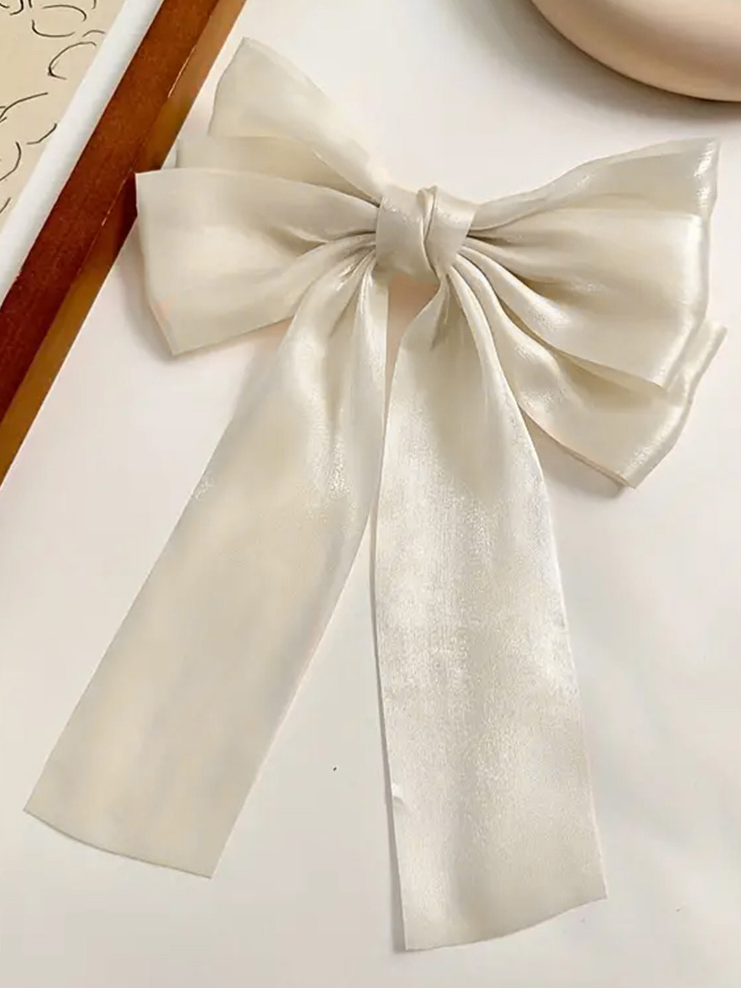 Majestique Set of 1 White Big Satin Layered Hair  Long Tail Ribbon Clip