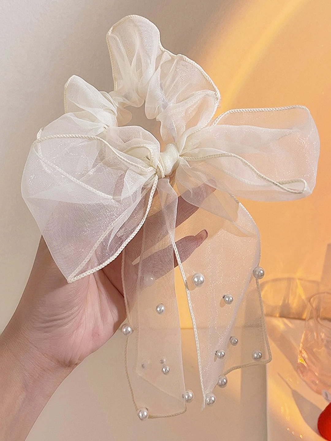 Majestique Set of 1 White Pearl  Scrunchies Net Ponytail Holder Rubber band