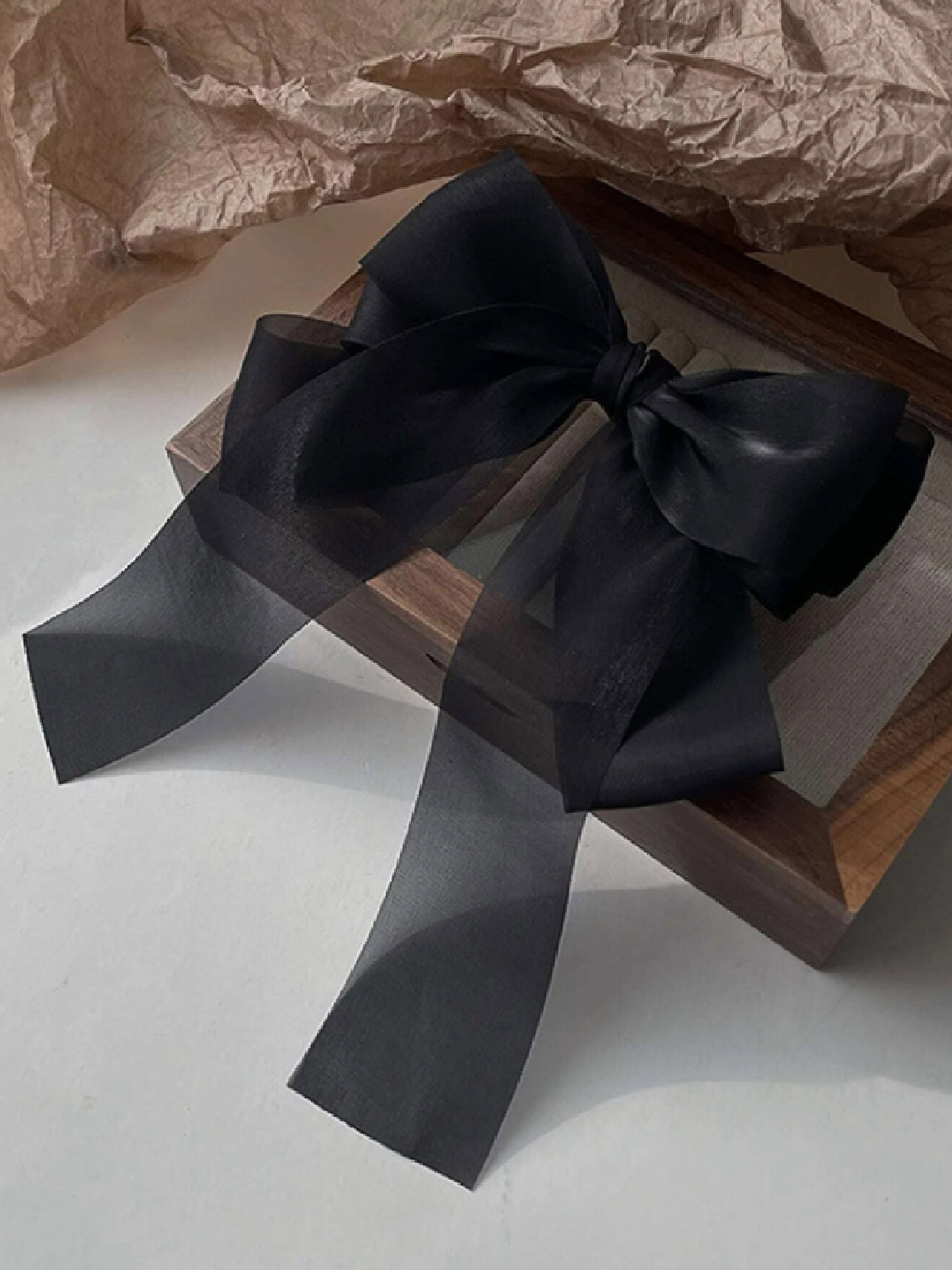 Majestique Set of 1 Black Big Satin Layered Hair  Long Tail Ribbon Clip