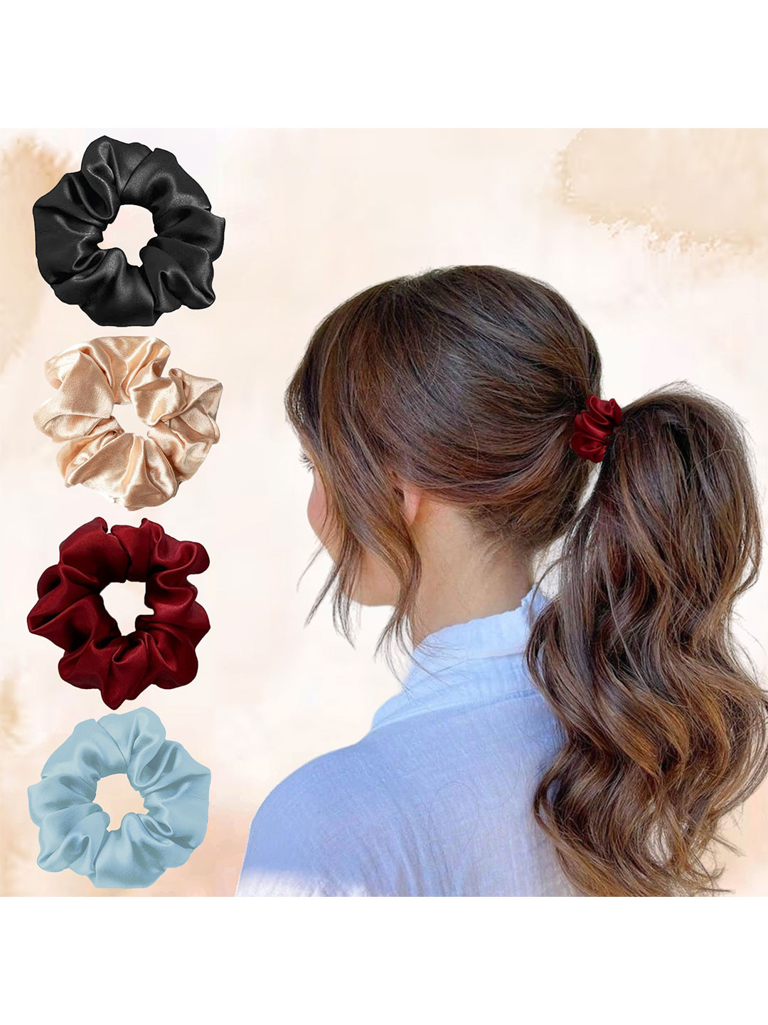 Majestique Set of 4  Multicolour Satin Silk Scrunchies Ponytail Holder Hair Ties