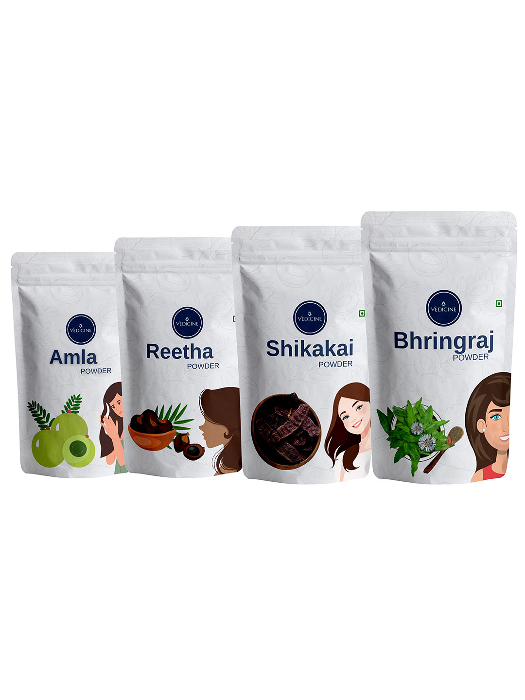 VEDICINE Set Of 4 Amla Reetha Shikakai Bhirngraj Powder For Hair Care - 75 g Each