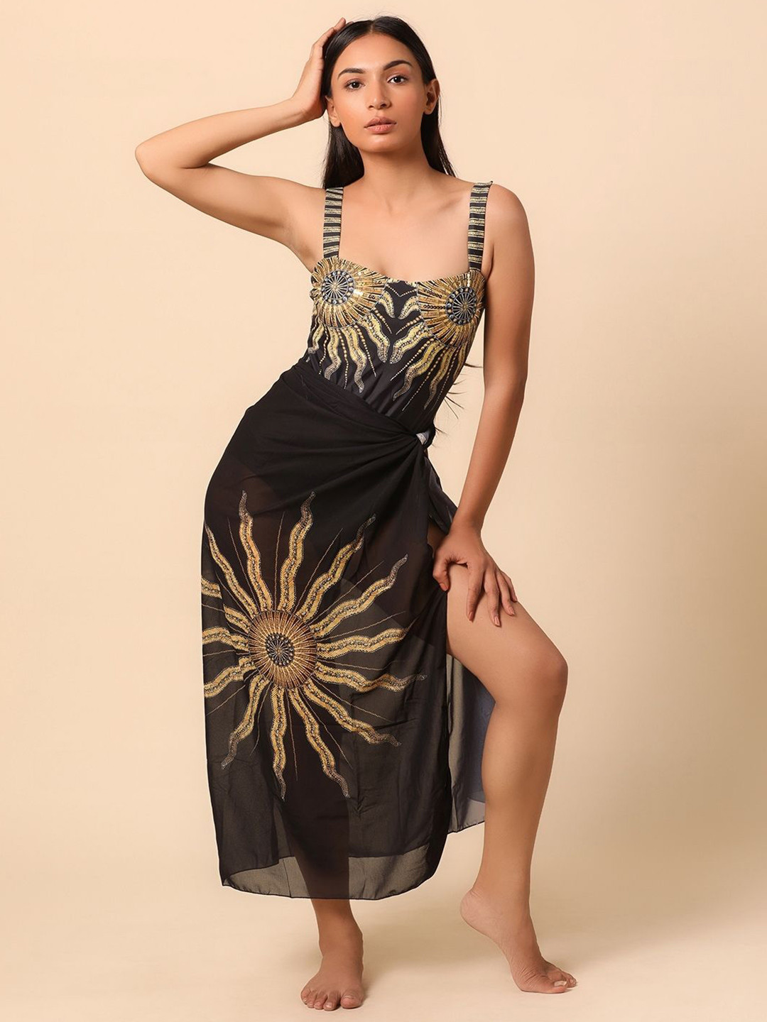 WomanLikeU Caribbean Charm Sequinned Monokini With Sarong