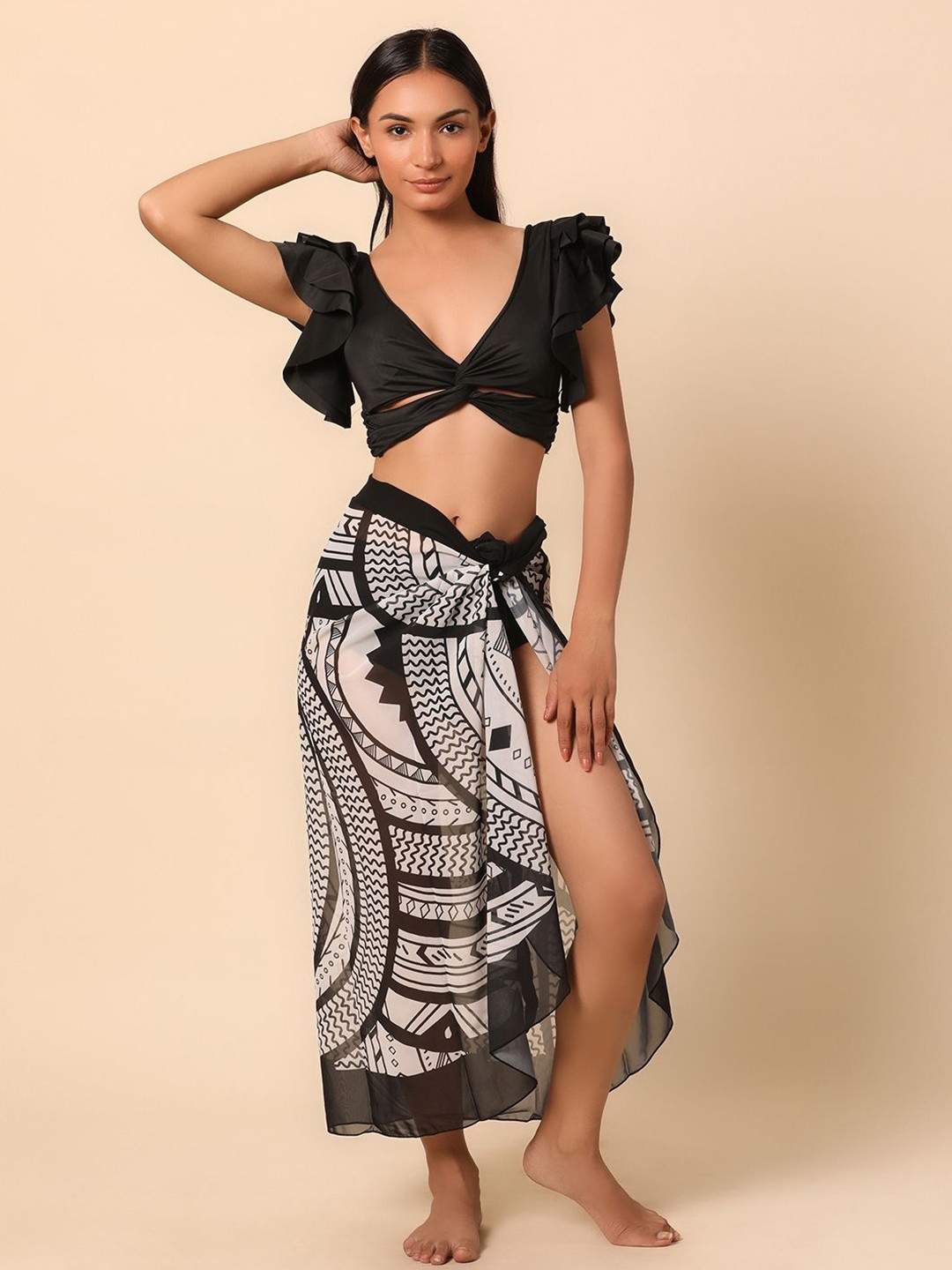 WomanLikeU Midnight Mirage Bikini Set With Printed Sarong