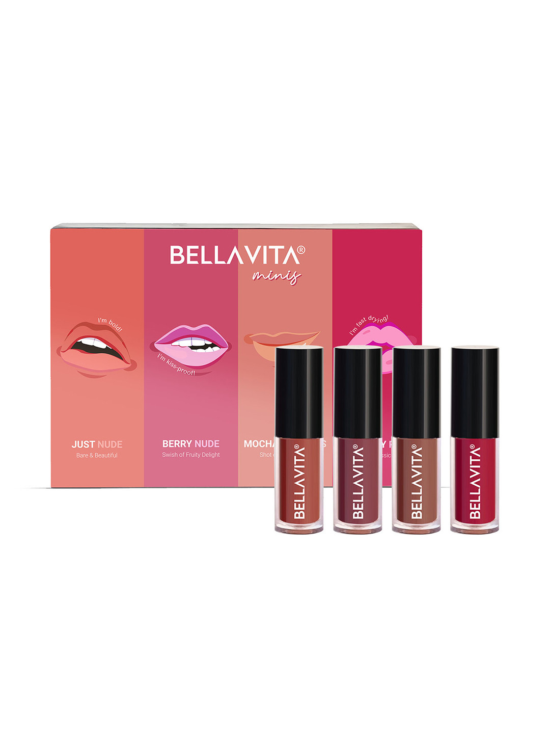 Bella Vita Organic Set of 4 Mini Kiss Proof Liquid Lipstick - 2 ml each