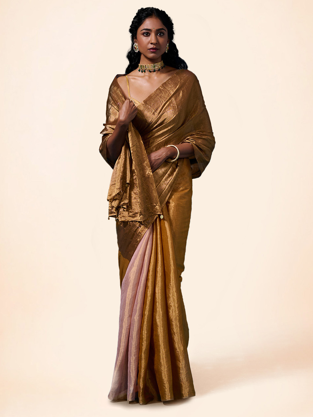 Dressfolk Tissue Chanderi solid Saree with Blouse Piece