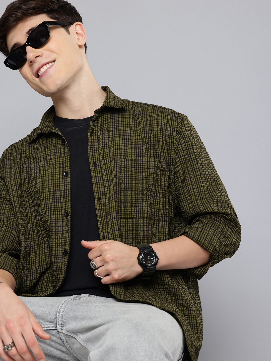 Aeropostale Textured Micro Checks  Relaxed Fit Casual Shirt