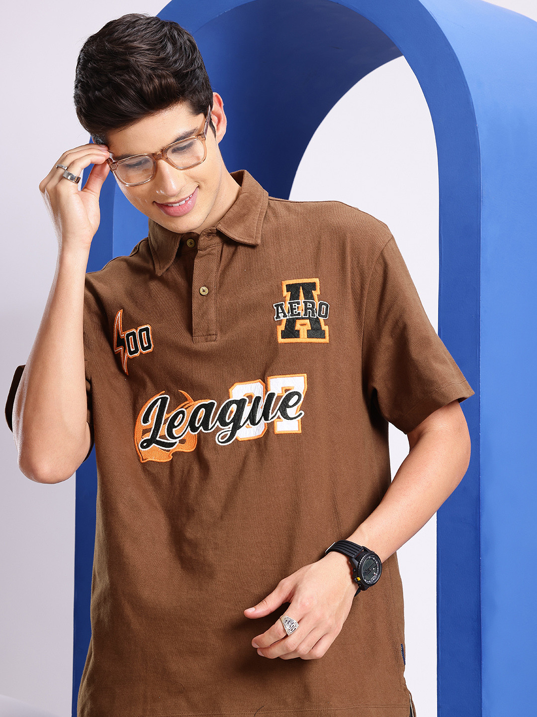 Aeropostale Brand Typography Embroidered Polo Collar Relaxed Fit drop shoulder sleeves Pure Cotton T-shirt