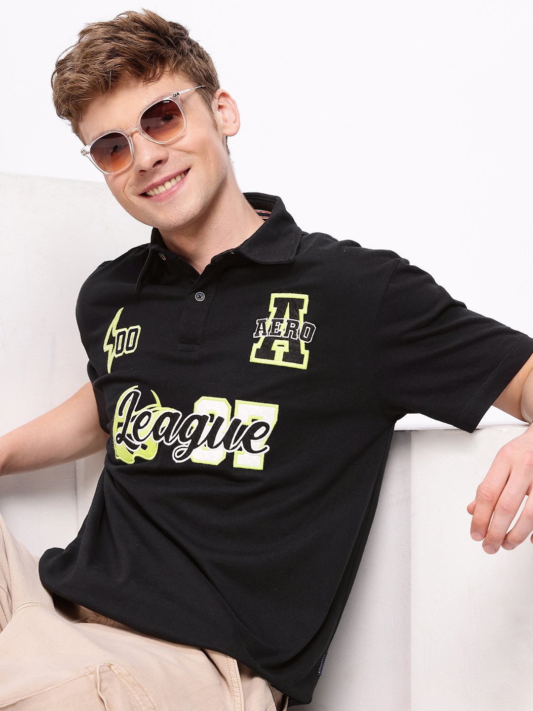 Aeropostale Brand Typography Embroidered Polo Collar Relaxed Fit drop shoulder sleeves Pure Cotton T-shirt