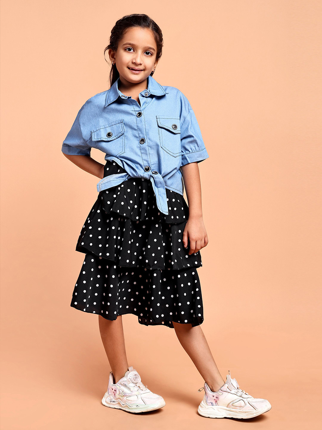 YK Girls Polka Dot Layered Midi Dress with denim jacket
