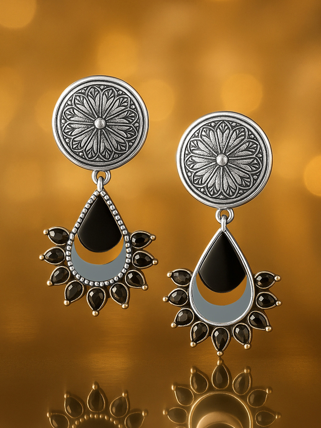 Rubans Oxidized Silver-Plated Black and Mirror Work Drop Earrings