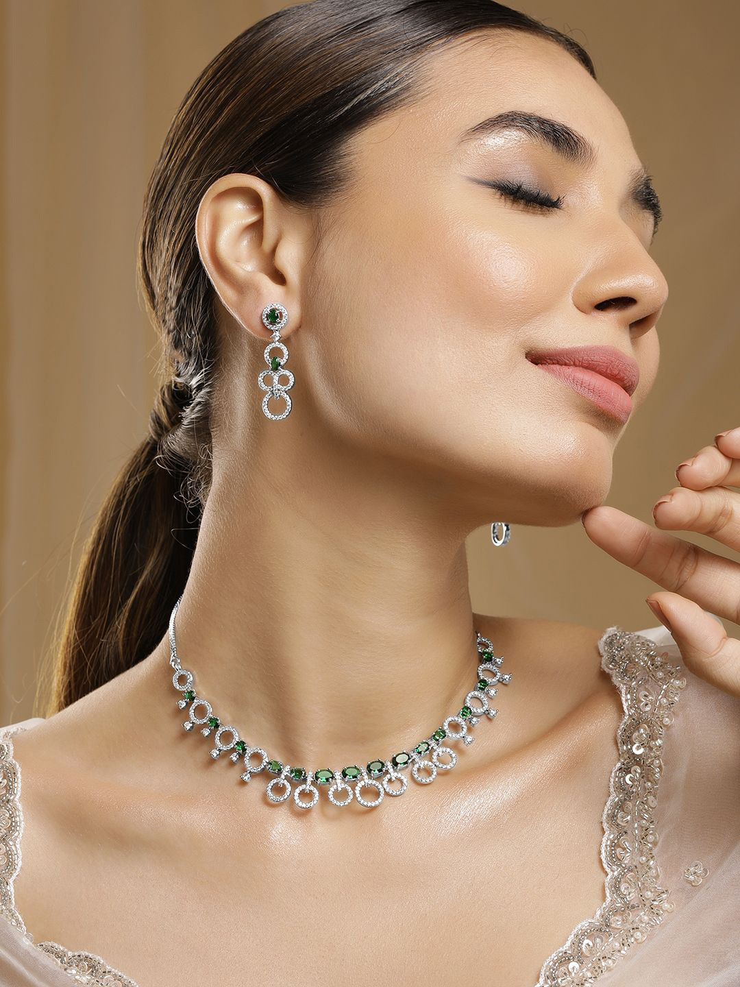 Rubans Rhodium Plated Emerald & Cubic Zirconia Studded Jewellery Set