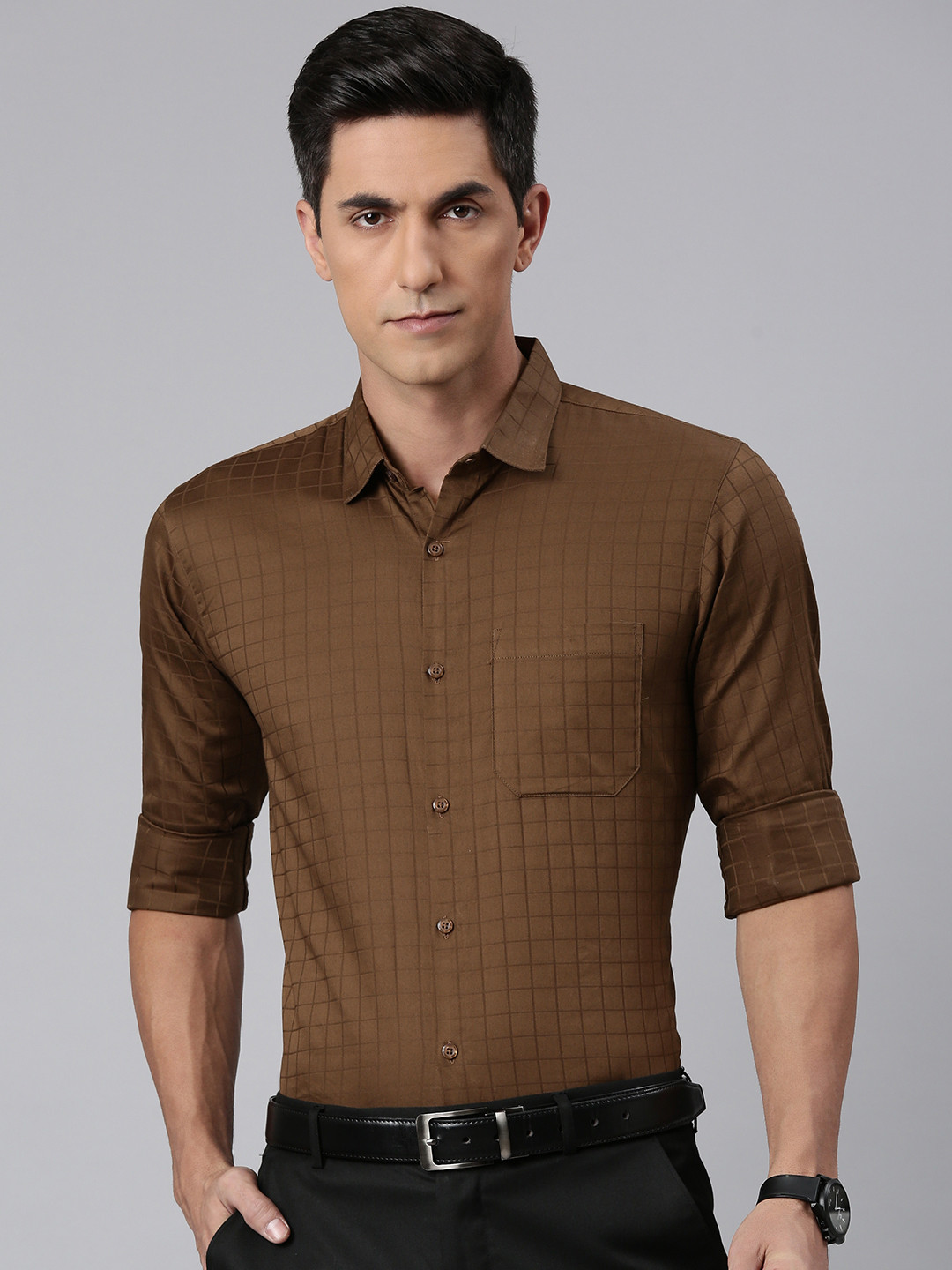 Majestic Man Comfort Slim Fit Windowpane Checks Opaque Pure Cotton Formal Shirt