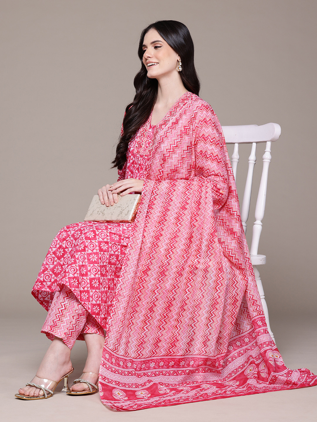 Readiprint Floral Printed Pleated Aari Work Cotton Kurta with Palazzos & Dupatta